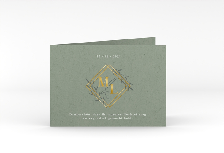 Danksagungskarte Hochzeit Greenletter A6 Klappkarte quer gold mit Initialen in elegantem Goldrahmen mit Blättern