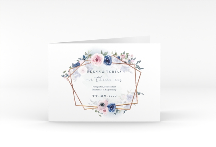 Hochzeitseinladung Dustyblue A6 Klappkarte quer rosegold