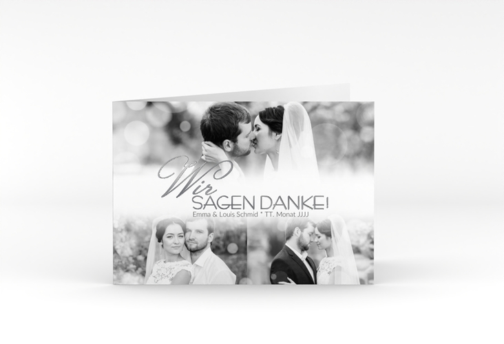 Danksagungskarte Hochzeit Bokeh A6 Klappkarte quer silber