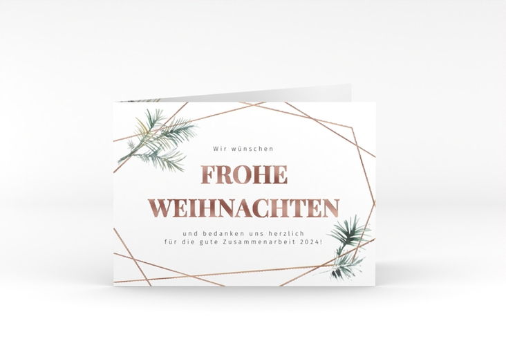 Geschäftliche Weihnachtskarte Edeltanne A6 Klappkarte quer rosegold mit Tannenzweigen und edlem Goldrahmen