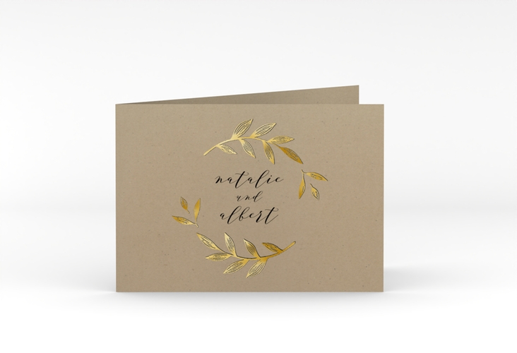 Hochzeitseinladung Naturelove A6 Klappkarte quer gold in Kraftpapier-Optik mit Blatt-Illustration