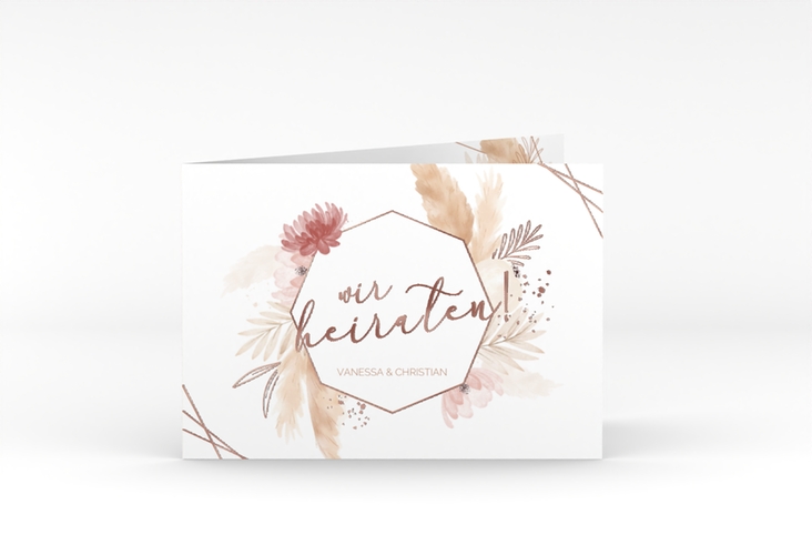 Hochzeitseinladung Bohostyle A6 Klappkarte quer rosegold mit Pampasgras in Aquarell