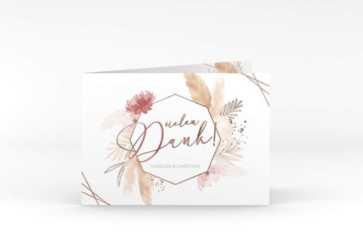 Danksagungskarte Hochzeit Bohostyle A6 Klappkarte quer rosegold mit Pampasgras in Aquarell