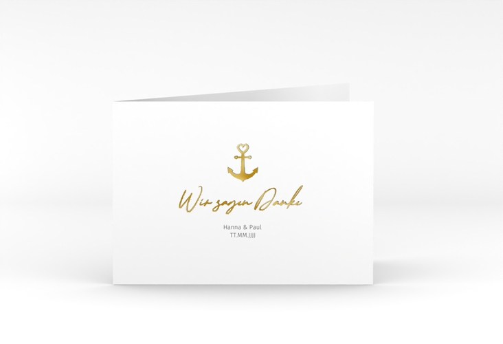 Dankeskarte Hochzeit Ankerliebe A6 Klappkarte quer gold im minimalistischen maritimen Design mit Anker