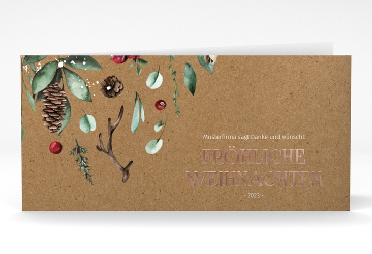Geschäftliche Weihnachtskarte Weihnachtsgrüße lange Klappkarte quer rosegold mit modernem Pflanzen-Dekor