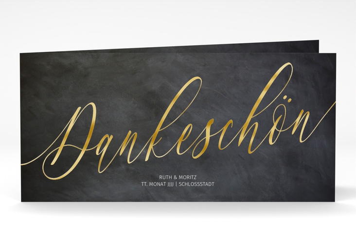 Danksagungskarte Hochzeit Chalkboard lange Klappkarte quer gold mit Folienveredelung