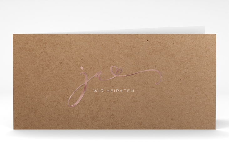 Hochzeitseinladung Jawort lange Klappkarte quer rosegold modern minimalistisch mit veredelter Aufschrift