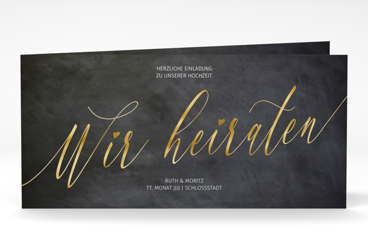 Hochzeitseinladung Chalkboard lange Klappkarte quer gold mit Folienveredelung