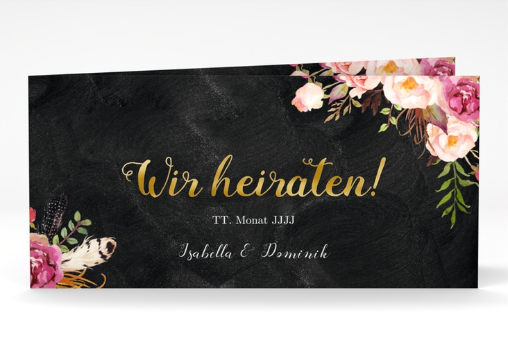 Hochzeitseinladung Flowers lange Klappkarte quer gold mit bunten Aquarell-Blumen