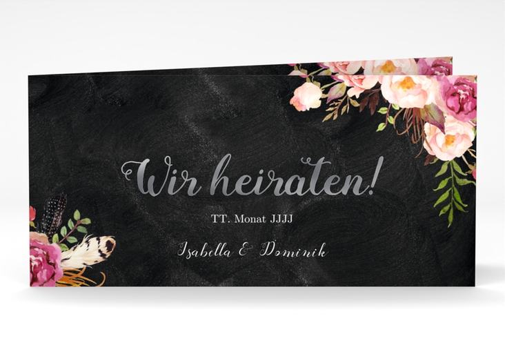 Hochzeitseinladung Flowers lange Klappkarte quer silber mit bunten Aquarell-Blumen