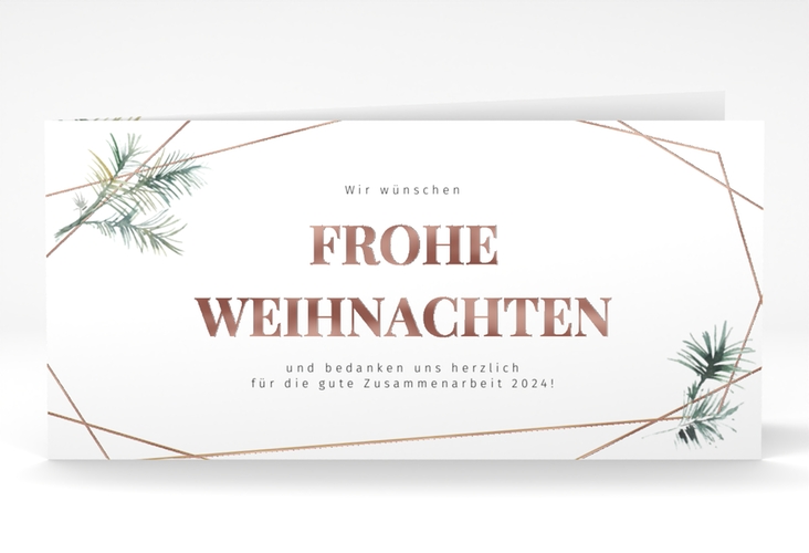 Geschäftliche Weihnachtskarte Edeltanne lange Klappkarte quer rosegold mit Tannenzweigen und edlem Goldrahmen