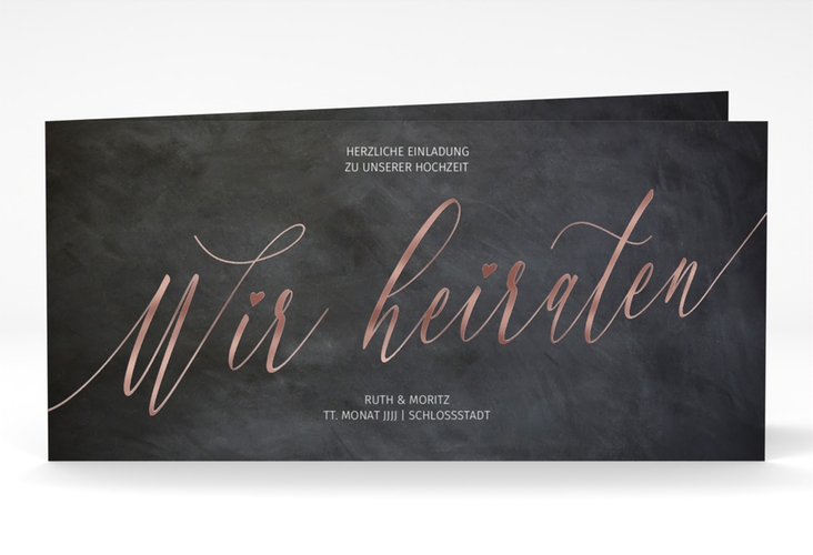 Hochzeitseinladung Chalkboard lange Klappkarte quer rosegold mit Folienveredelung