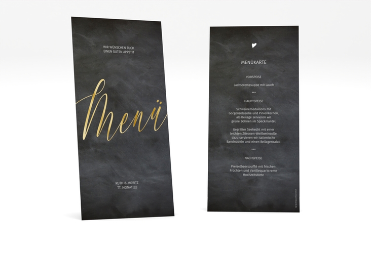 Menükarte Hochzeit Chalkboard lange Karte hoch gold mit Folienveredelung