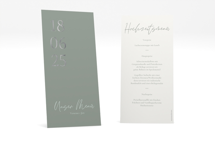 Menükarte Hochzeit Day lange Karte hoch silber mit Datum im minimalistischen Design