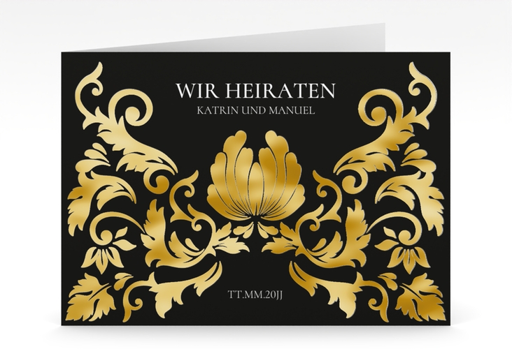 Hochzeitseinladung Royal mittlere Klappkarte quer schwarz gold mit barockem Blumen-Ornament