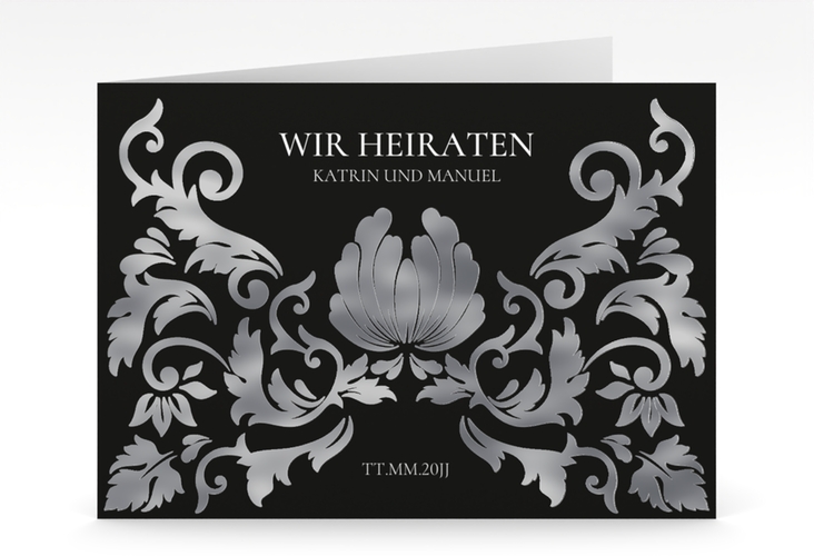 Hochzeitseinladung Royal mittlere Klappkarte quer schwarz silber mit barockem Blumen-Ornament