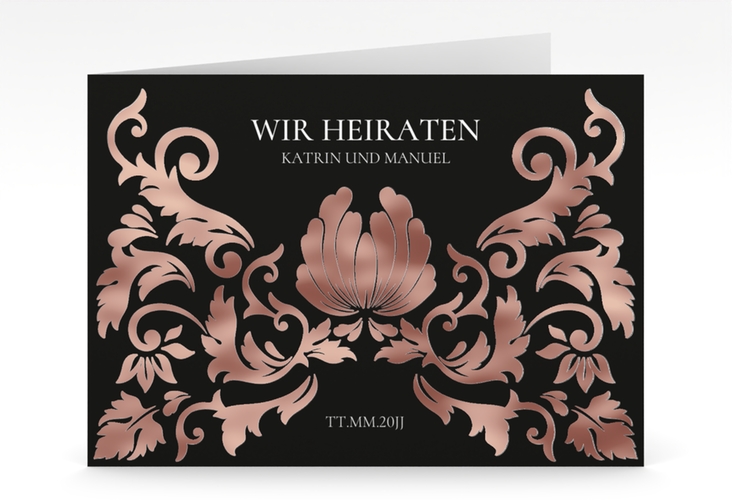 Hochzeitseinladung Royal mittlere Klappkarte quer schwarz rosegold mit barockem Blumen-Ornament