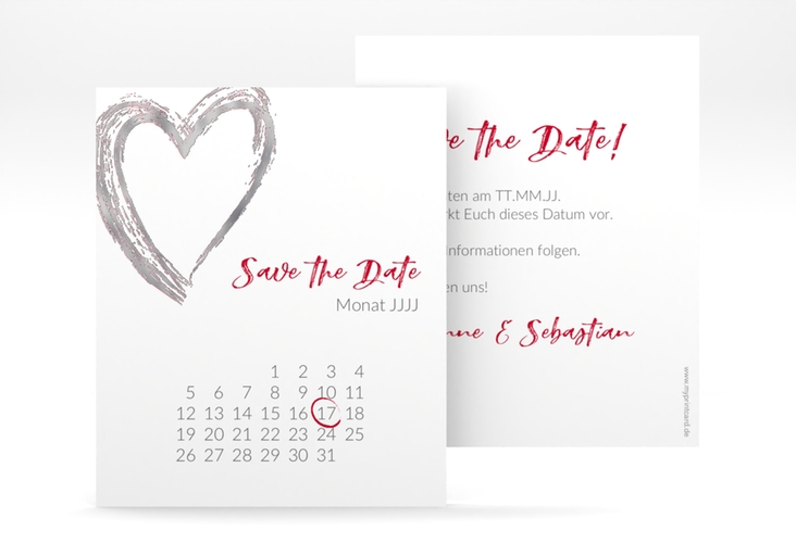 Save the Date-Kalenderblatt Liebe Kalenderblatt-Karte rot silber