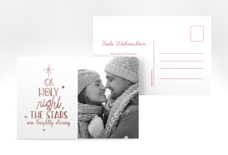 Weihnachtskarte Winterhimmel A6 Postkarte rot rosegold mit Liedtext und Foto