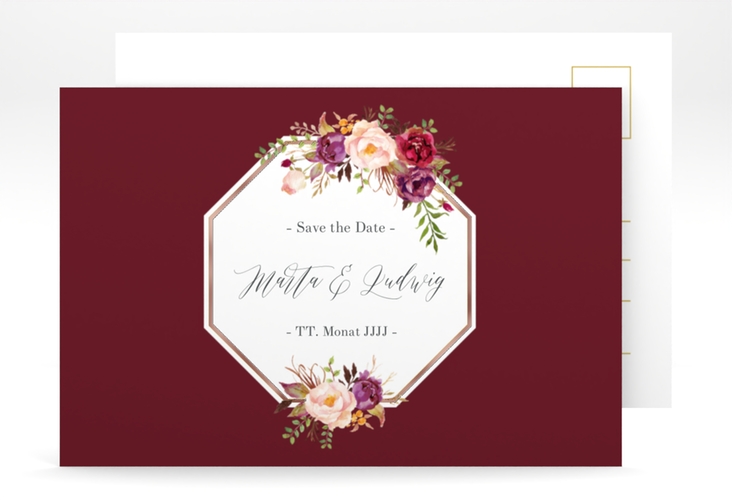 Save the Date-Postkarte Prachtvoll A6 Postkarte rot rosegold