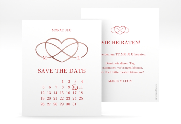 Save the Date-Kalenderblatt Infinity Kalenderblatt-Karte rot rosegold