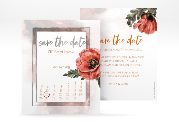 Save the Date-Kalenderblatt Sommer Kalenderblatt-Karte rot silber mit Mohnblumen-Aquarell