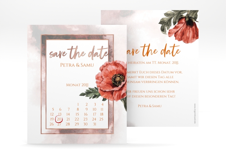 Save the Date-Kalenderblatt Sommer Kalenderblatt-Karte rot rosegold mit Mohnblumen-Aquarell