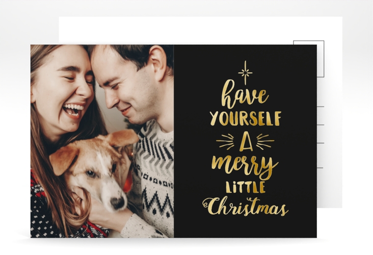 Weihnachtskarte Winterfreuden A6 Postkarte schwarz gold im Handlettering-Stil mit Foto