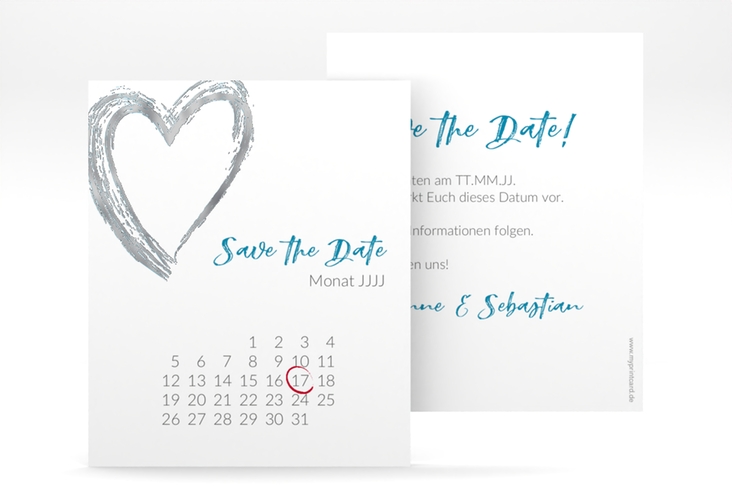 Save the Date-Kalenderblatt Liebe Kalenderblatt-Karte tuerkis silber