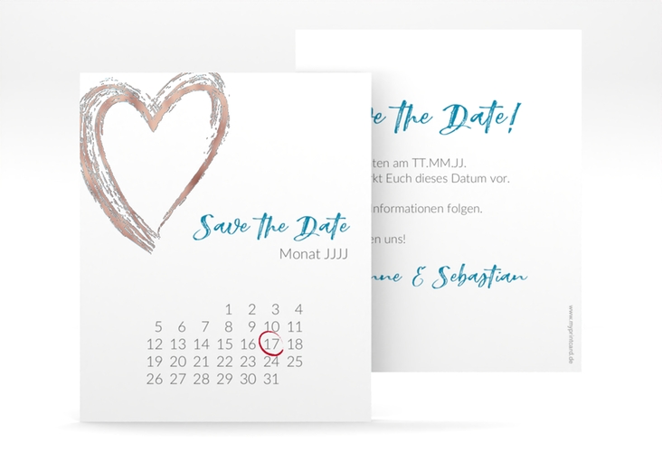 Save the Date-Kalenderblatt Liebe Kalenderblatt-Karte tuerkis rosegold