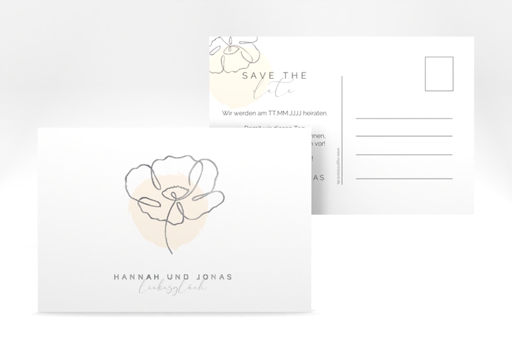 Save the Date-Postkarte Flowerline A6 Postkarte apricot silber