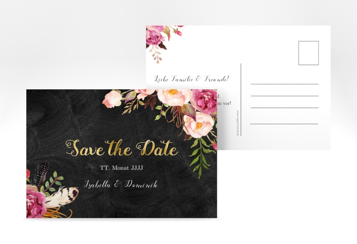 Save the Date-Postkarte Flowers A6 Postkarte schwarz gold mit bunten Aquarell-Blumen