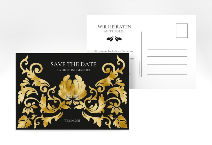 Save the Date-Postkarte Royal A6 Postkarte schwarz gold mit barockem Blumen-Ornament