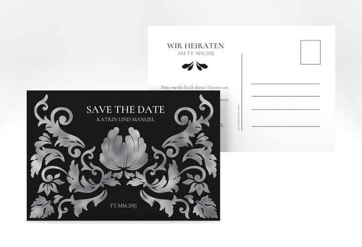 Save the Date-Postkarte Royal A6 Postkarte schwarz silber mit barockem Blumen-Ornament