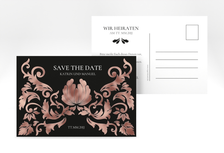 Save the Date-Postkarte Royal A6 Postkarte schwarz rosegold mit barockem Blumen-Ornament