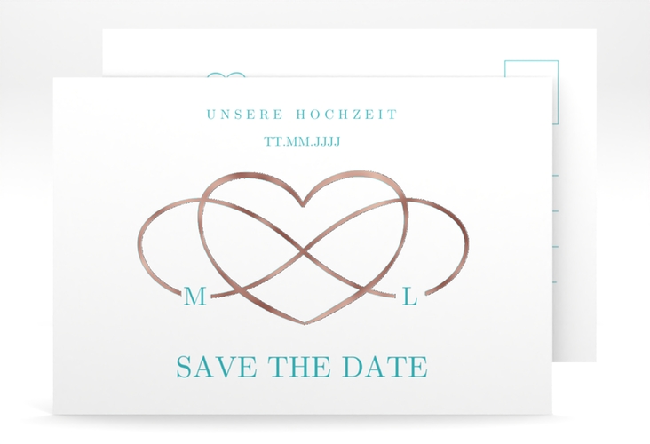 Save the Date-Postkarte Infinity A6 Postkarte tuerkis rosegold