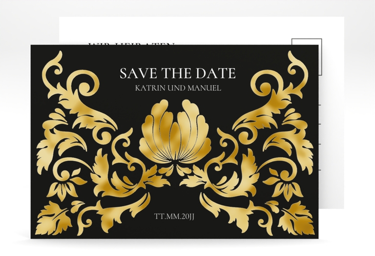 Save the Date-Postkarte Royal A6 Postkarte schwarz gold mit barockem Blumen-Ornament