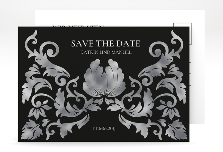 Save the Date-Postkarte Royal A6 Postkarte schwarz silber mit barockem Blumen-Ornament