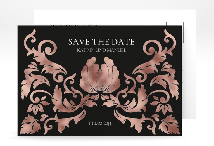 Save the Date-Postkarte Royal A6 Postkarte schwarz rosegold mit barockem Blumen-Ornament