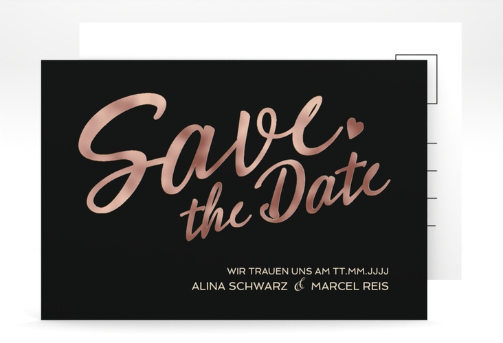 Save the Date-Postkarte Glam A6 Postkarte schwarz rosegold