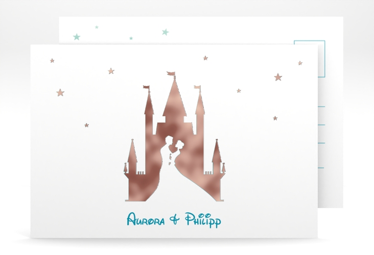 Save the Date-Postkarte Castle A6 Postkarte tuerkis rosegold