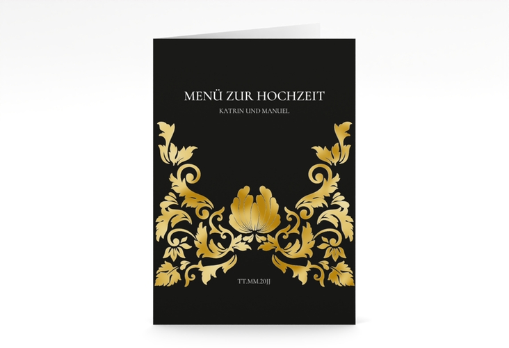 Menükarte Hochzeit Royal A5 Klappkarte hoch schwarz gold mit barockem Blumen-Ornament