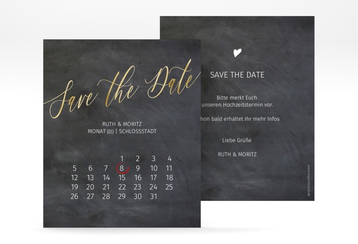 Save the Date-Kalenderblatt Chalkboard Kalenderblatt-Karte schwarz gold mit Folie