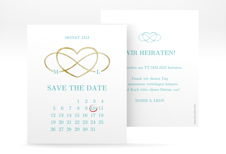 Save the Date-Kalenderblatt Infinity Kalenderblatt-Karte tuerkis gold