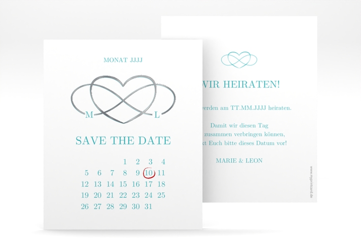 Save the Date-Kalenderblatt Infinity Kalenderblatt-Karte tuerkis silber