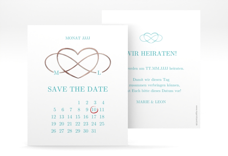 Save the Date-Kalenderblatt Infinity Kalenderblatt-Karte tuerkis rosegold