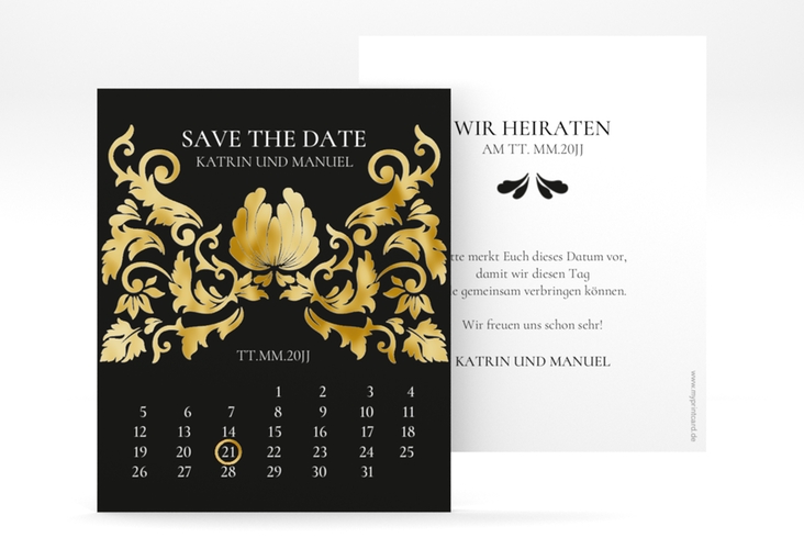 Save the Date-Kalenderblatt Royal Kalenderblatt-Karte schwarz gold mit barockem Blumen-Ornament
