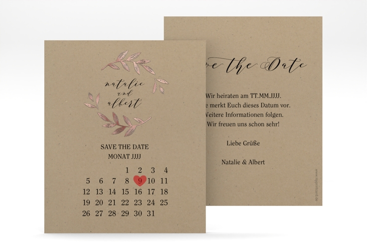 Save the Date-Kalenderblatt Naturelove Kalenderblatt-Karte schwarz rosegold in Kraftpapier-Optik mit Blätterkranz