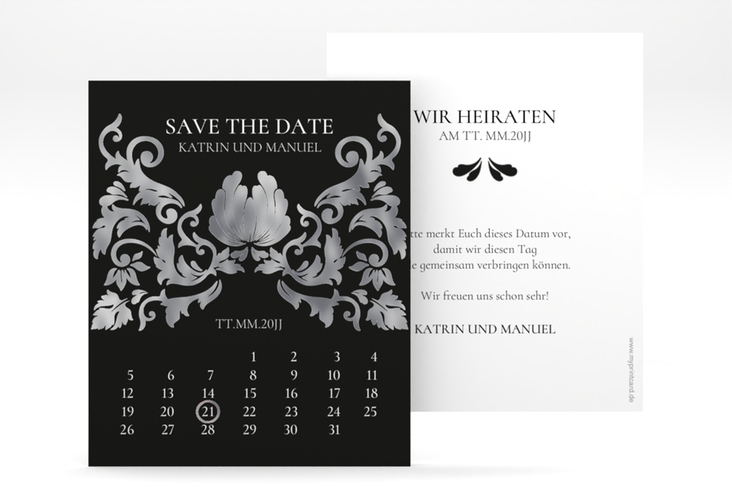 Save the Date-Kalenderblatt Royal Kalenderblatt-Karte schwarz silber mit barockem Blumen-Ornament