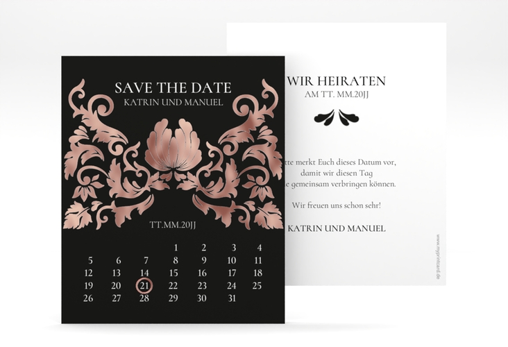 Save the Date-Kalenderblatt Royal Kalenderblatt-Karte schwarz rosegold mit barockem Blumen-Ornament